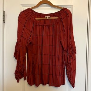 Gibson Latimer Burnt Orange & Navy Plaid LS Shirt w/Flutter Sleeves - Size M